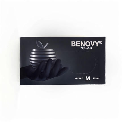 Перчатки BENOVY Nitrile MultiColor BS, нитриловые, черные, M, 50 пар. 3,5 гр.